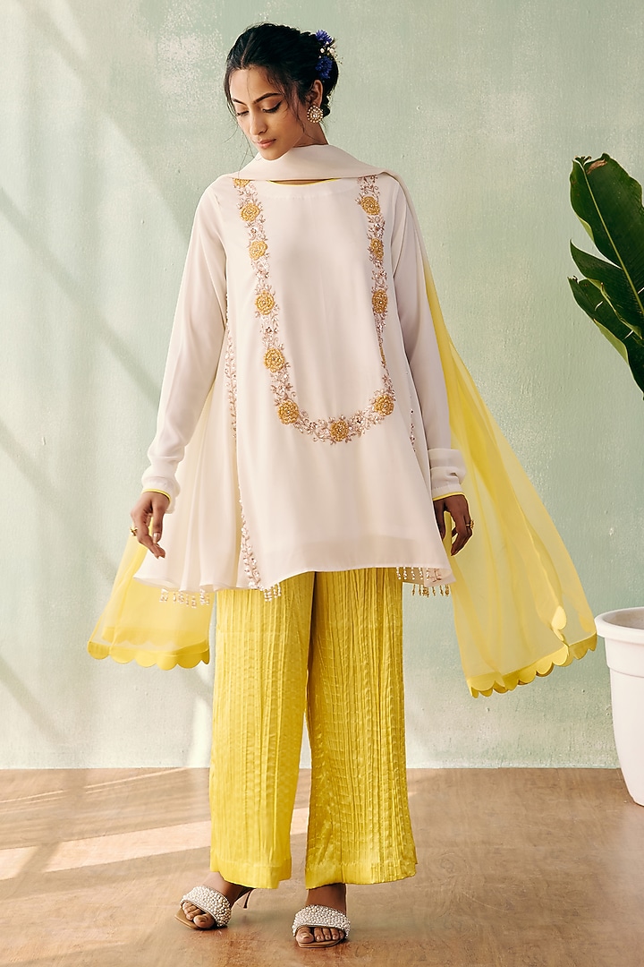 Ivory Georgette Sequins Embroidered A-Line Kurta Set by Label Japji Arora at Pernia's Pop Up Shop