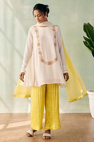 Ivory Georgette Sequins Embroidered A-Line Kurta Set by Label Japji Arora