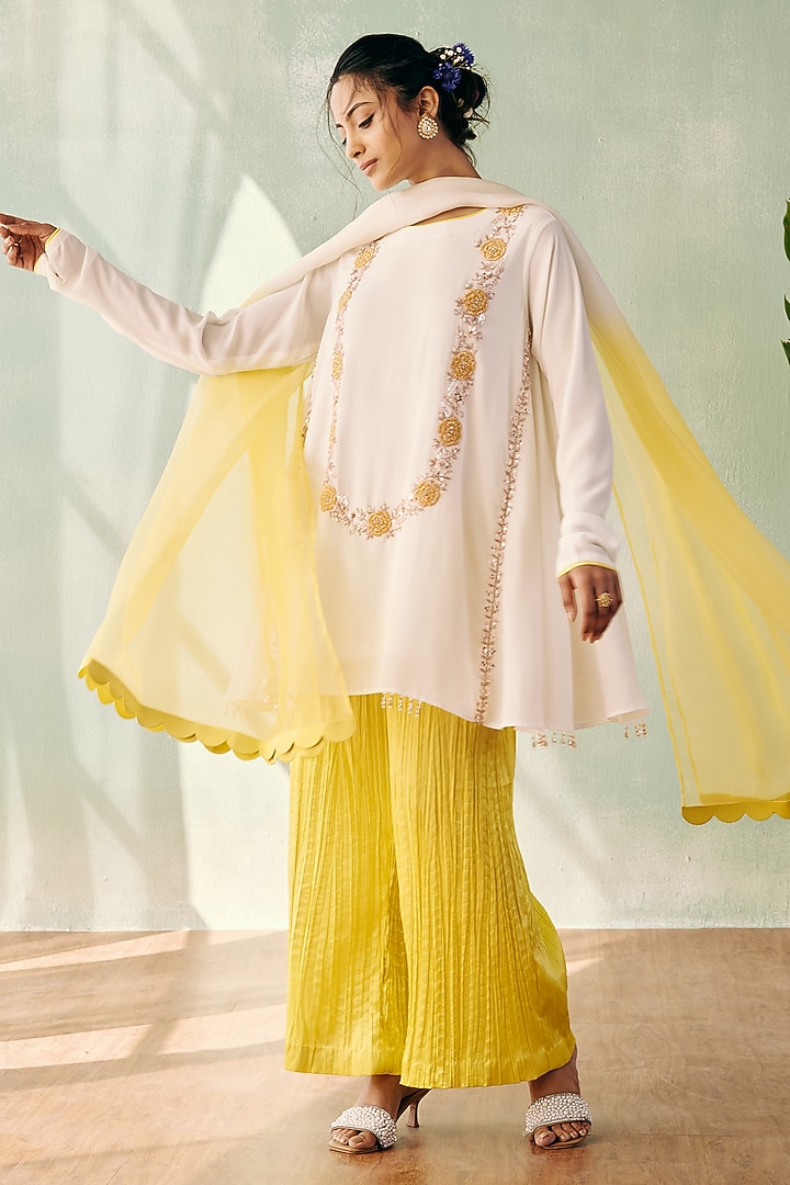 Ivory Georgette Sequins Embroidered A-Line Kurta Set by Label Japji Arora at Pernia's Pop Up Shop