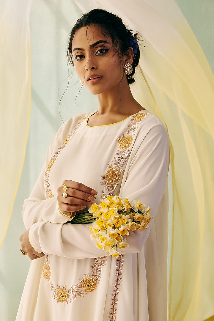 Ivory Georgette Sequins Embroidered A-Line Kurta Set by Label Japji Arora at Pernia's Pop Up Shop
