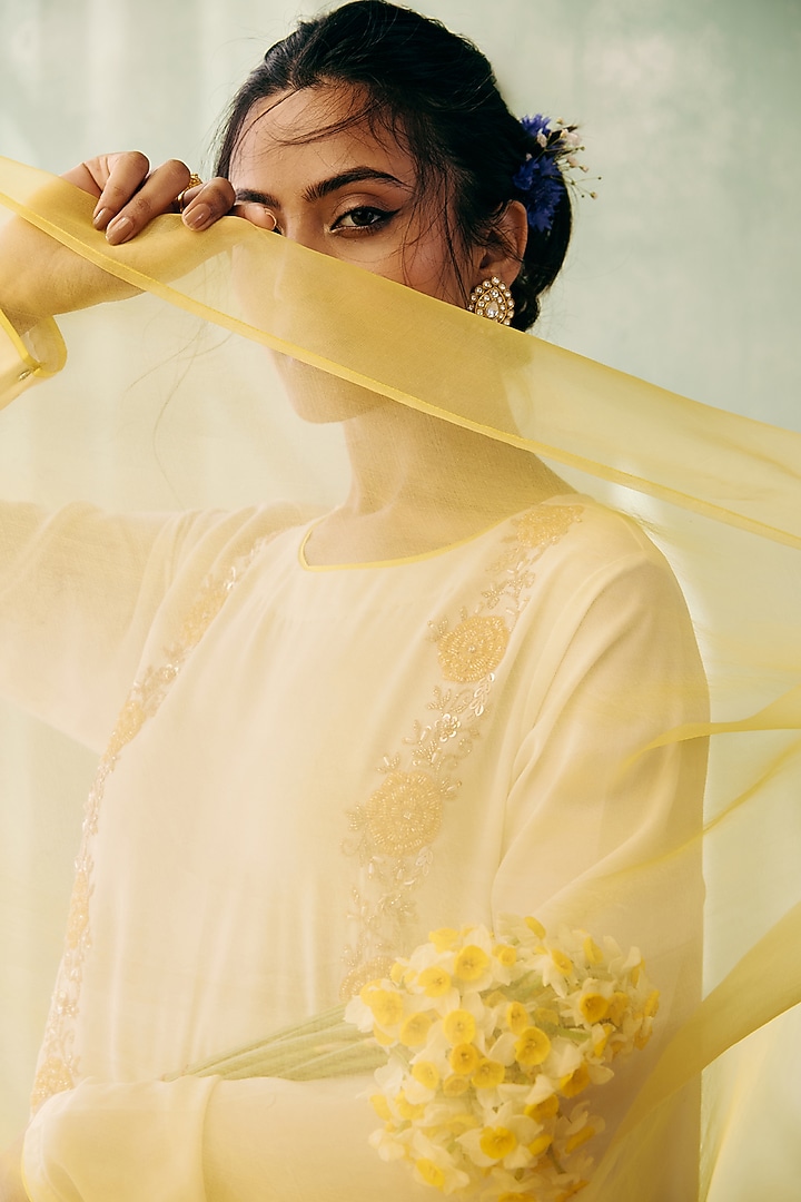 Ivory Georgette Sequins Embroidered A-Line Kurta Set by Label Japji Arora at Pernia's Pop Up Shop
