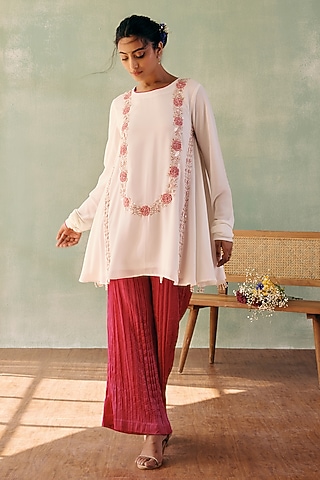 Ivory Georgette Sequins Embroidered A-Line Kurta Set by Label Japji Arora