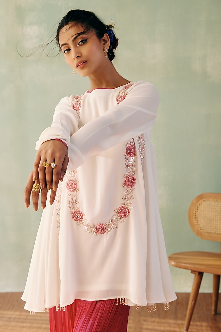 Ivory Georgette Sequins Embroidered A-Line Kurta Set by Label Japji Arora at Pernia's Pop Up Shop