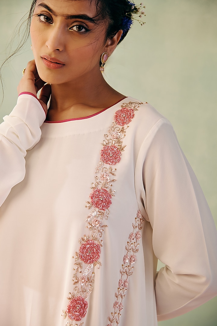 Ivory Georgette Sequins Embroidered A-Line Kurta Set by Label Japji Arora at Pernia's Pop Up Shop