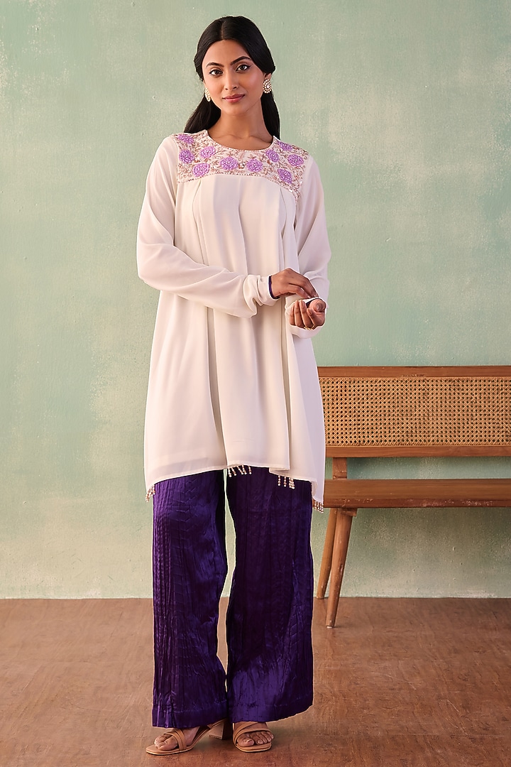 Ivory Georgette Sequins Embroidered A-Line Kurta Set by Label Japji Arora at Pernia's Pop Up Shop