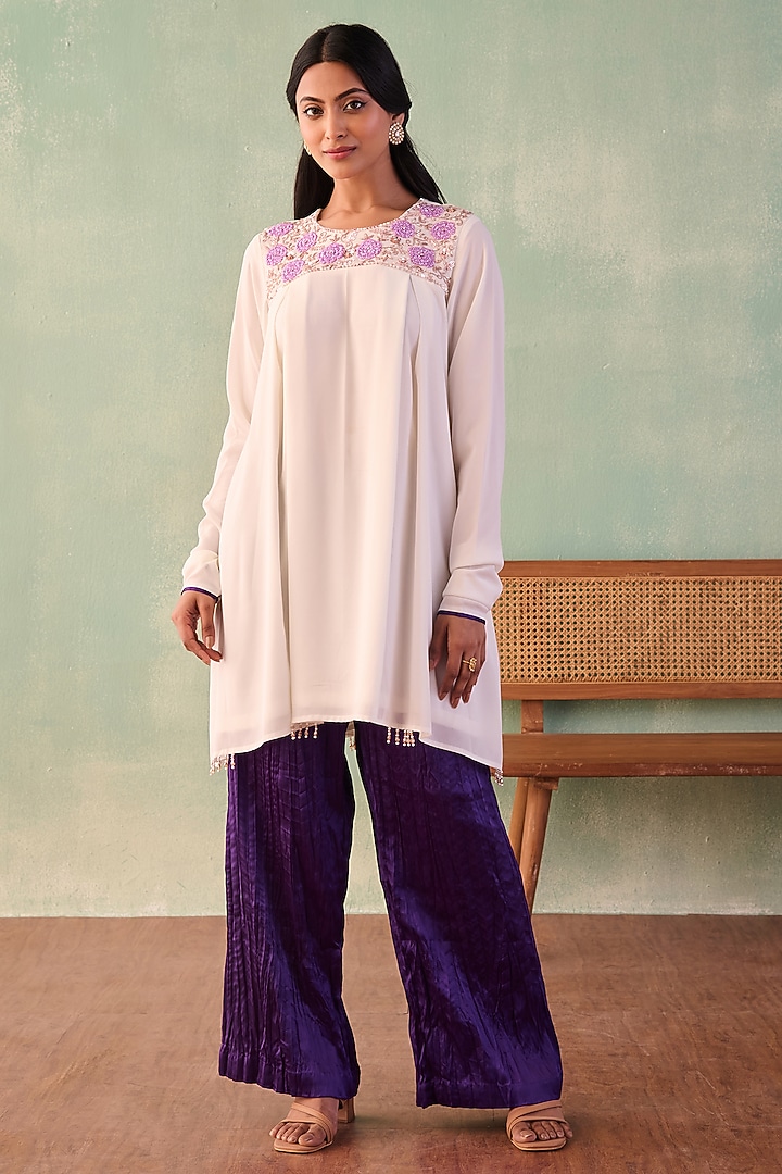 Ivory Georgette Sequins Embroidered A-Line Kurta Set by Label Japji Arora at Pernia's Pop Up Shop