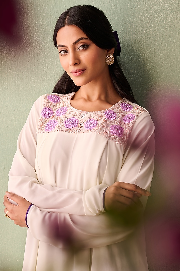 Ivory Georgette Sequins Embroidered A-Line Kurta Set by Label Japji Arora at Pernia's Pop Up Shop