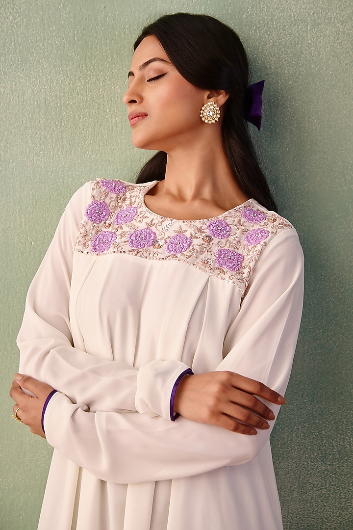 Ivory Georgette Sequins Embroidered A-Line Kurta Set by Label Japji Arora at Pernia's Pop Up Shop