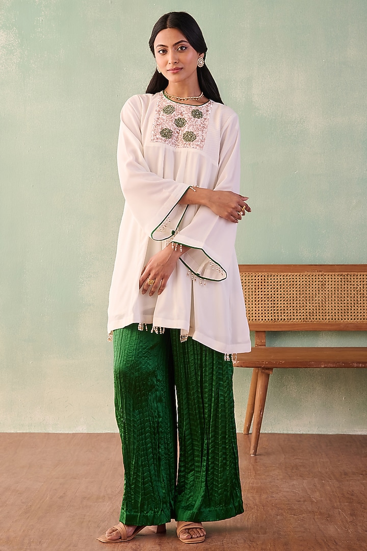 Ivory Georgette Sequins Embroidered A-Line Kurta Set by Label Japji Arora at Pernia's Pop Up Shop