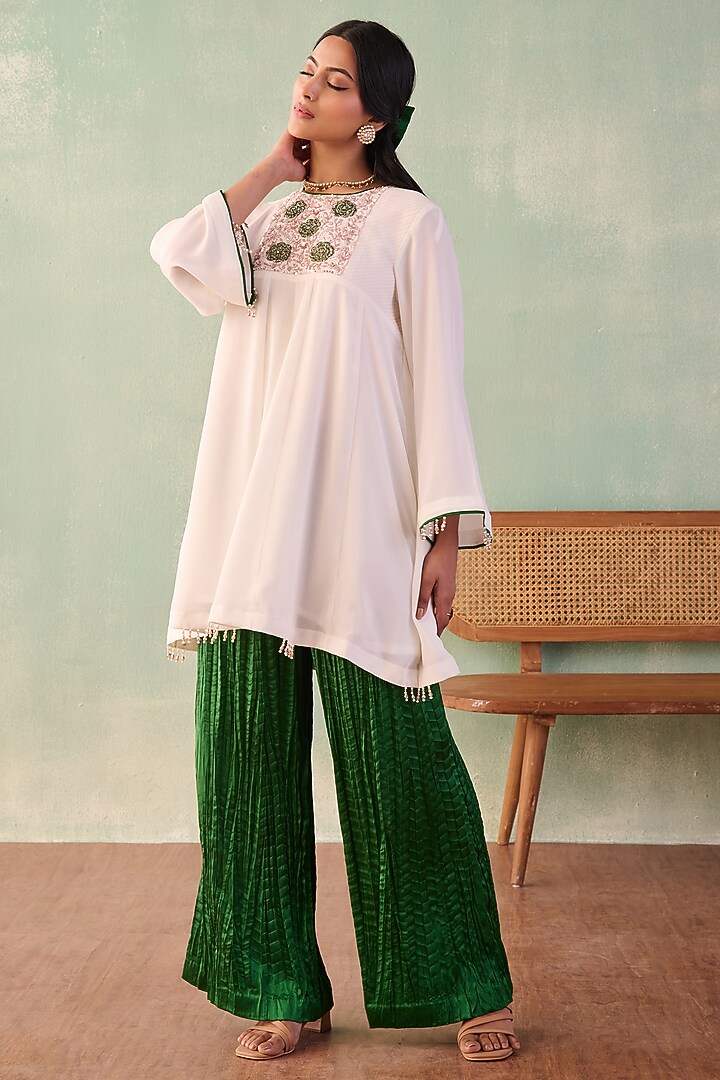 Ivory Georgette Sequins Embroidered A-Line Kurta Set by Label Japji Arora at Pernia's Pop Up Shop
