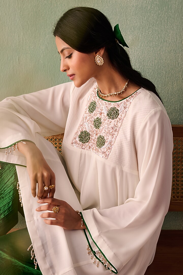 Ivory Georgette Sequins Embroidered A-Line Kurta Set by Label Japji Arora at Pernia's Pop Up Shop