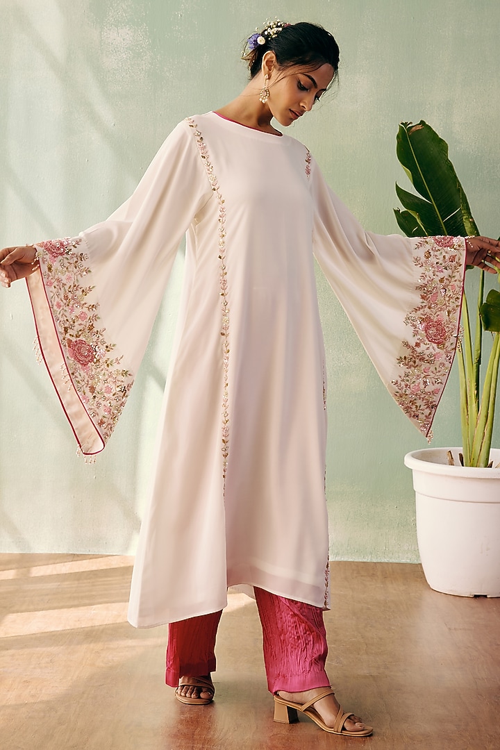Ivory Georgette Sequins Embroidered Long Kurta Set by Label Japji Arora at Pernia's Pop Up Shop