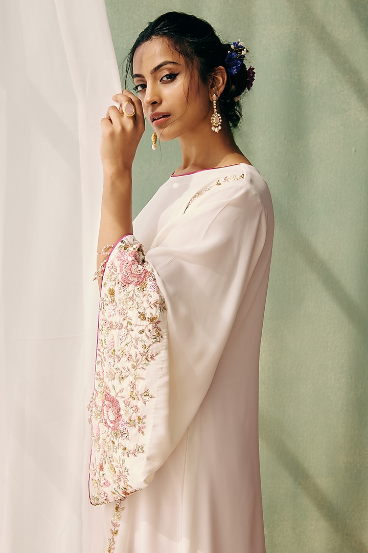Ivory Georgette Sequins Embroidered Long Kurta Set by Label Japji Arora at Pernia's Pop Up Shop