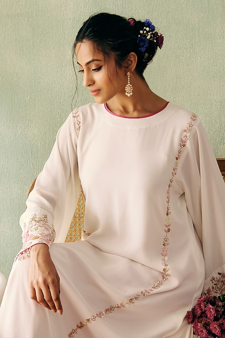 Ivory Georgette Sequins Embroidered Long Kurta Set by Label Japji Arora at Pernia's Pop Up Shop
