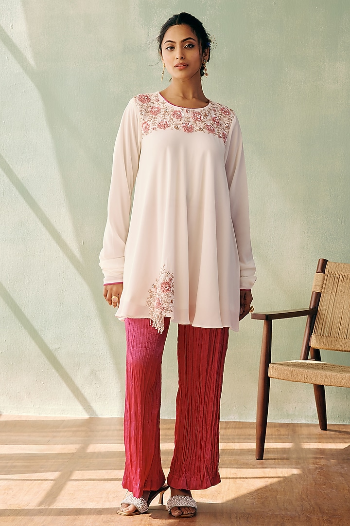 Ivory Georgette Sequins Embroidered A-Line Kurta Set by Label Japji Arora at Pernia's Pop Up Shop