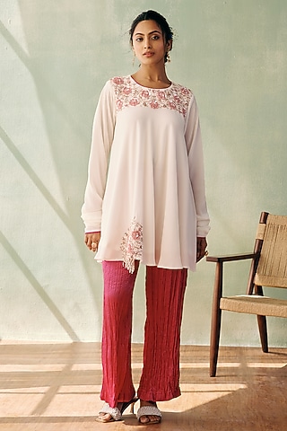 Ivory Georgette Sequins Embroidered A-Line Kurta Set by Label Japji Arora