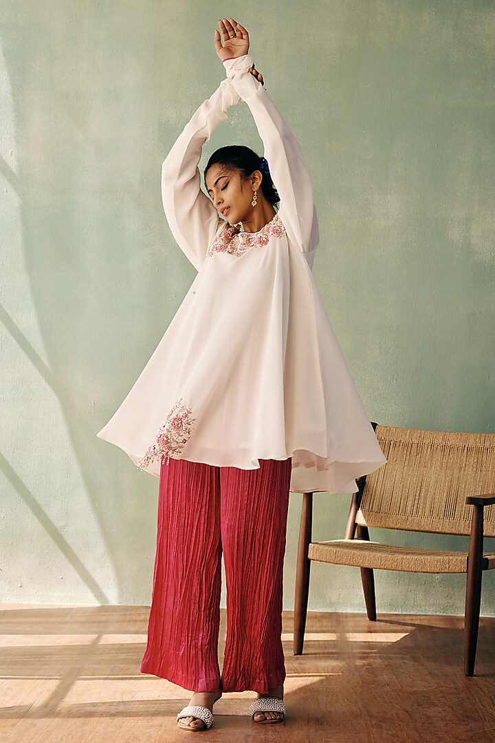 Ivory Georgette Sequins Embroidered A-Line Kurta Set by Label Japji Arora at Pernia's Pop Up Shop