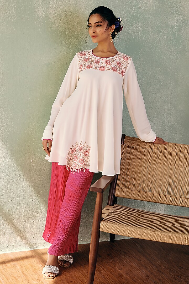 Ivory Georgette Sequins Embroidered A-Line Kurta Set by Label Japji Arora at Pernia's Pop Up Shop