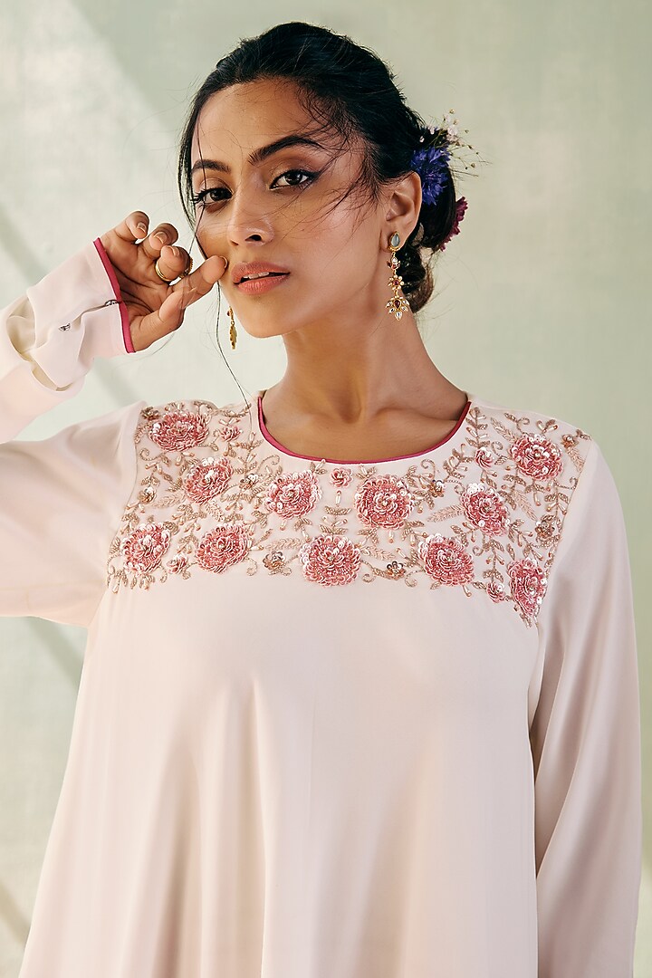 Ivory Georgette Sequins Embroidered A-Line Kurta Set by Label Japji Arora at Pernia's Pop Up Shop