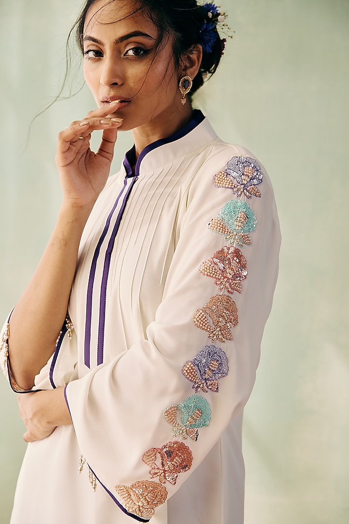 Ivory Georgette Sequins Embroidered Short Kurta Set by Label Japji Arora at Pernia's Pop Up Shop