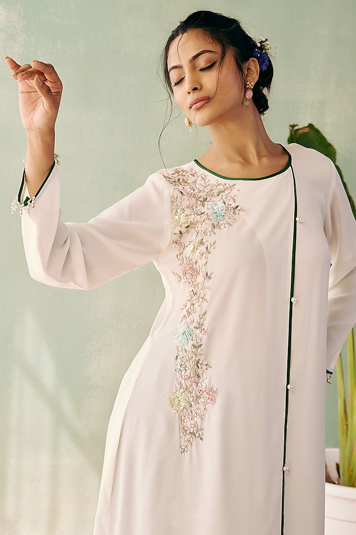 Ivory Georgette Sequins Embroidered Long Kurta Set by Label Japji Arora at Pernia's Pop Up Shop