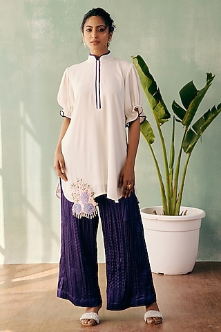 Ivory Georgette Sequins Embroidered Short Kurta Set by Label Japji Arora