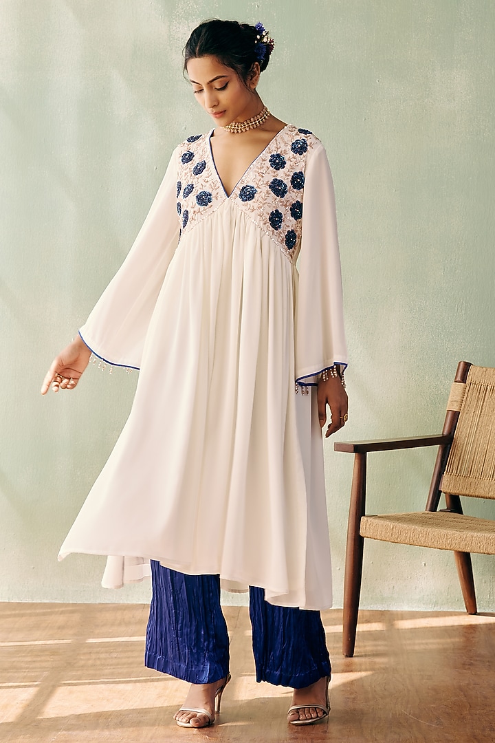 Ivory Georgette Sequins Embroidered A-line Kurta Set by Label Japji Arora at Pernia's Pop Up Shop