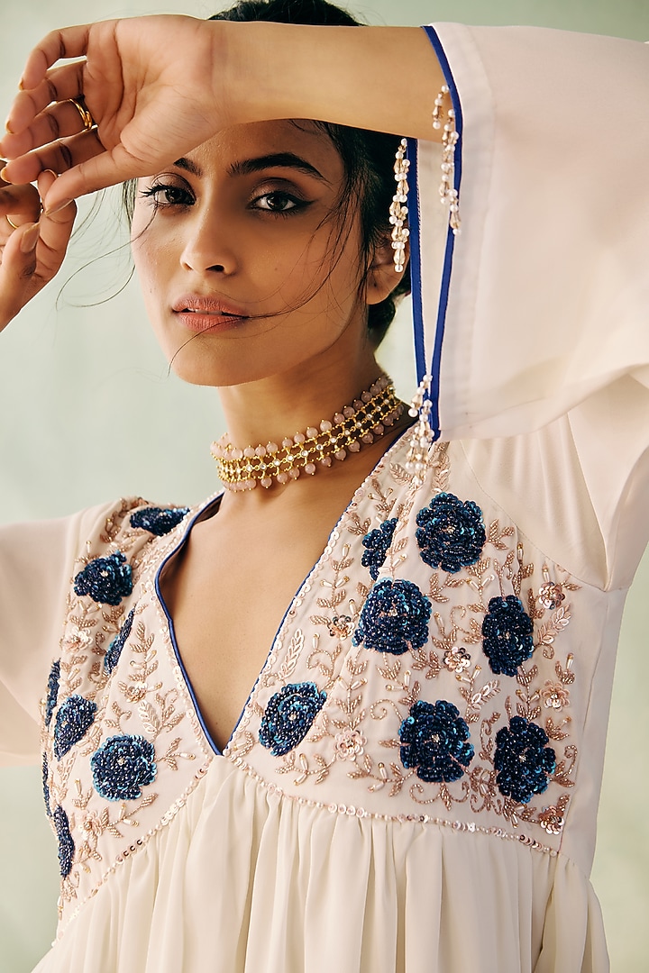 Ivory Georgette Sequins Embroidered A-line Kurta Set by Label Japji Arora at Pernia's Pop Up Shop