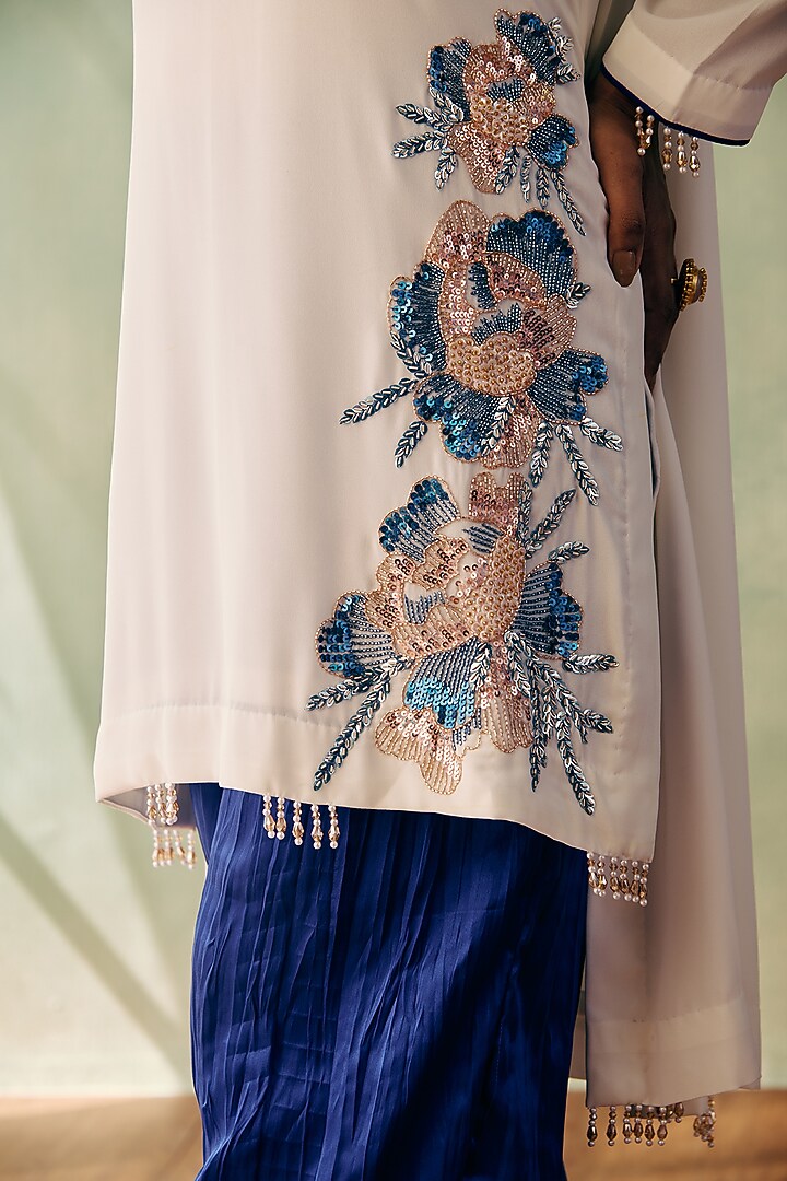 Ivory Georgette Sequins Embroidered High-Low Kurta Set by Label Japji Arora at Pernia's Pop Up Shop