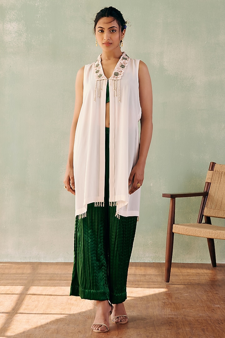 Ivory Georgette Sequins Embellished Jacket Set by Label Japji Arora at Pernia's Pop Up Shop