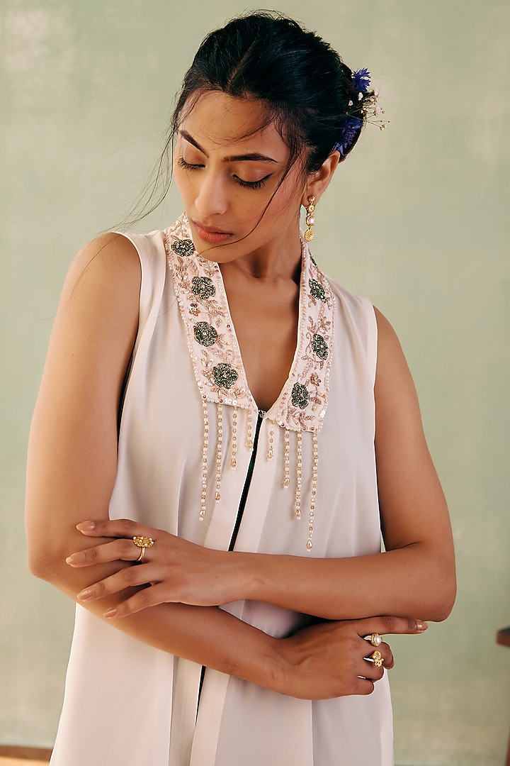 Ivory Georgette Sequins Embellished Jacket Set by Label Japji Arora at Pernia's Pop Up Shop