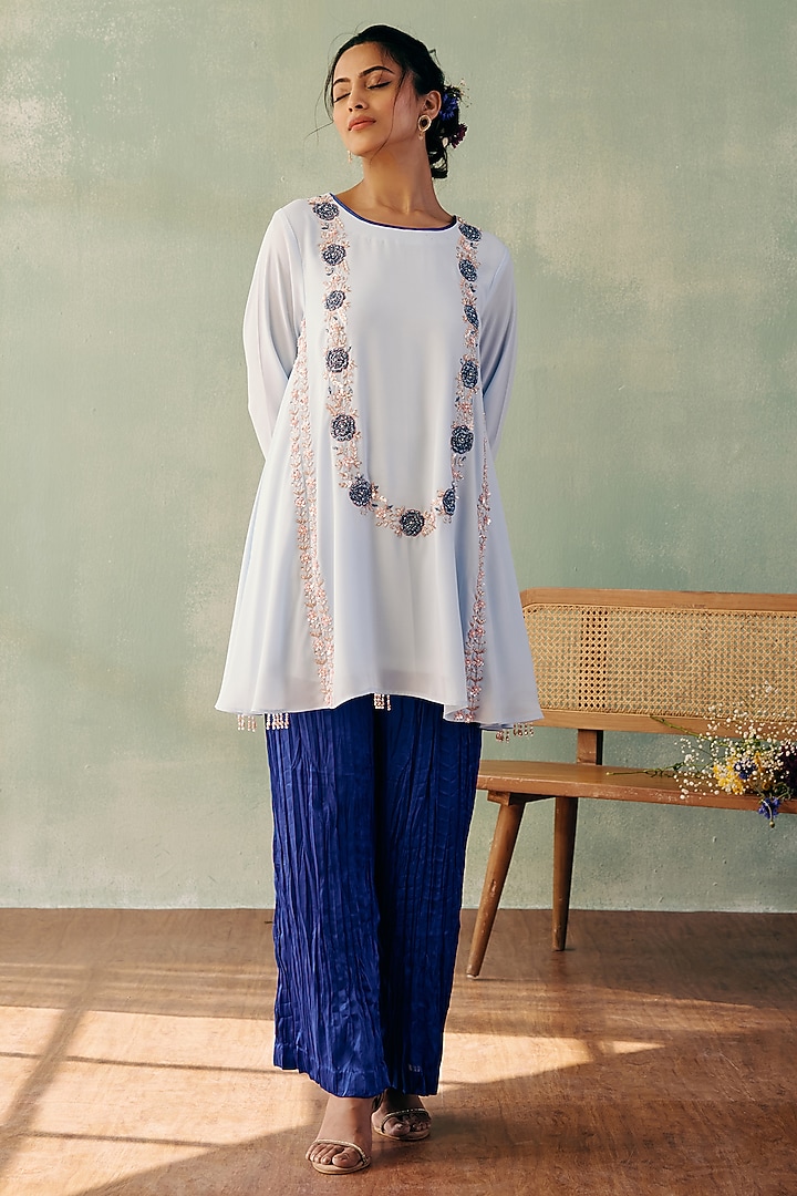 Ivory Georgette Sequins Embroidered A-line Kurta Set by Label Japji Arora at Pernia's Pop Up Shop