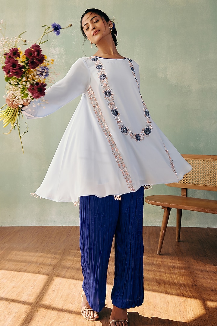 Ivory Georgette Sequins Embroidered A-line Kurta Set by Label Japji Arora at Pernia's Pop Up Shop