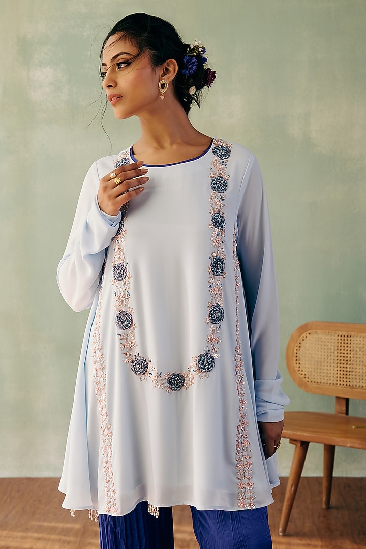 Ivory Georgette Sequins Embroidered A-line Kurta Set by Label Japji Arora at Pernia's Pop Up Shop
