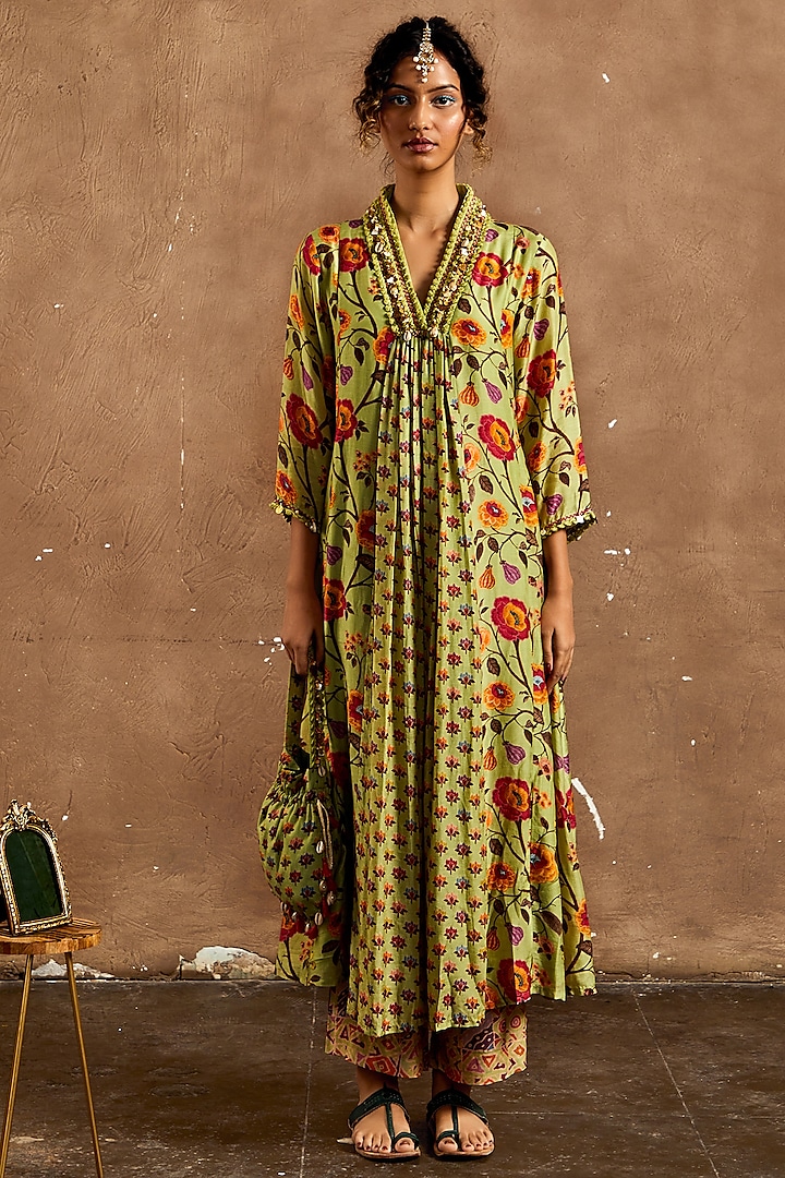 Green Cotton Silk Floral Printed Tunic Set by Label Kinjal Modi