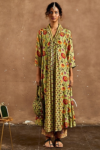 Green Cotton Silk Floral Printed Tunic Set by Label Kinjal Modi