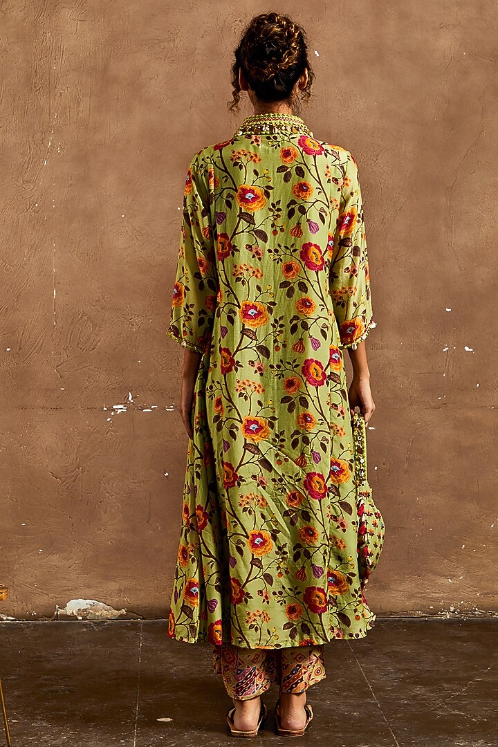 Green Cotton Silk Floral Printed Tunic Set by Label Kinjal Modi at Pernia's Pop Up Shop
