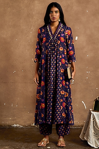 Navy Blue Cotton Silk Floral Printed Tunic Set by Label Kinjal Modi