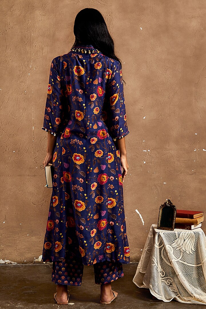 Navy Blue Cotton Silk Floral Printed Tunic Set by Label Kinjal Modi at Pernia's Pop Up Shop