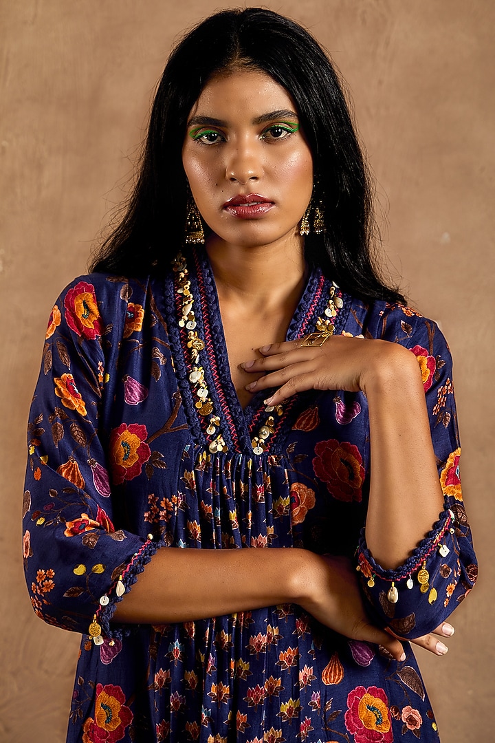 Navy Blue Cotton Silk Floral Printed Tunic Set by Label Kinjal Modi at Pernia's Pop Up Shop