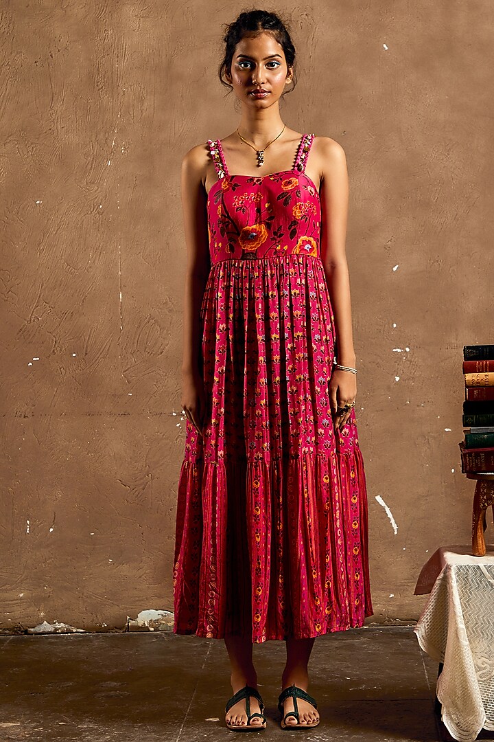 Pink Cotton Silk Printed Dress by Label Kinjal Modi