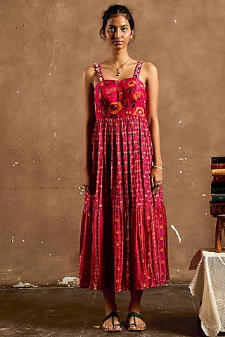 Pink Cotton Silk Printed Dress by Label Kinjal Modi