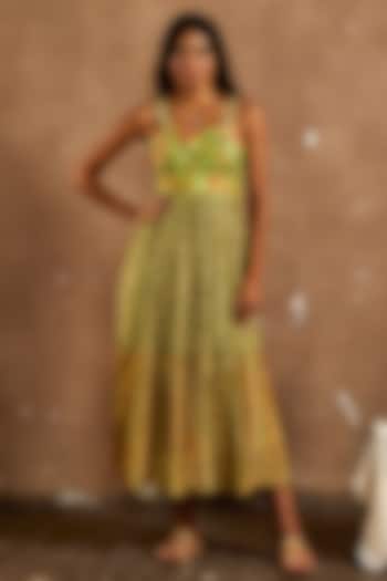 Green Cotton Silk Printed Dress by Label Kinjal Modi