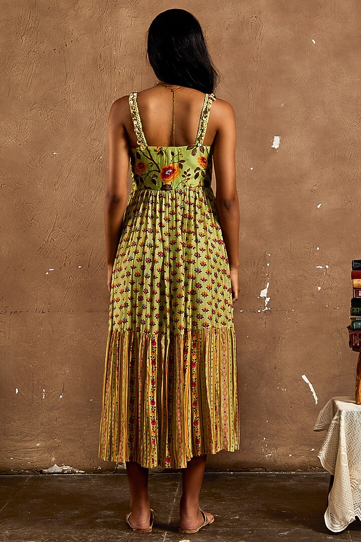 Green Cotton Silk Printed Summer Dress by Label Kinjal Modi at Pernia's Pop Up Shop