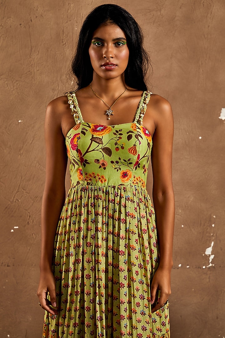Green Cotton Silk Printed Summer Dress by Label Kinjal Modi at Pernia's Pop Up Shop