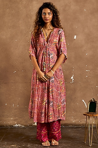 Pink Cotton Silk Geometric Printed Kaftan Set by Label Kinjal Modi