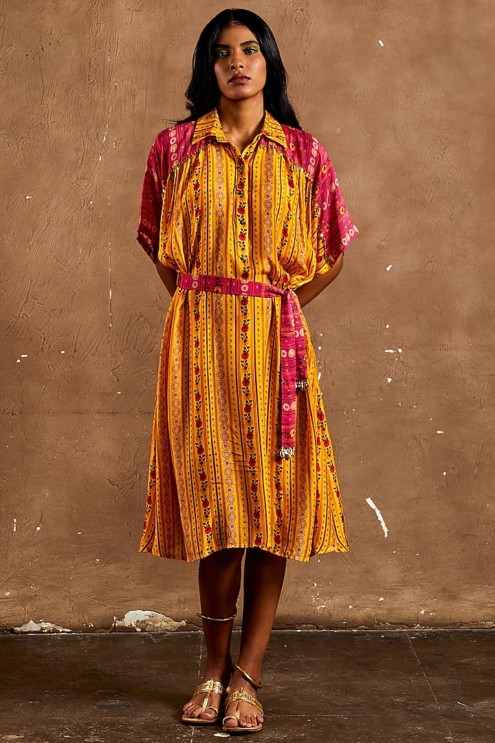 Yellow & Pink Cotton Silk Shirt Dress by Label Kinjal Modi