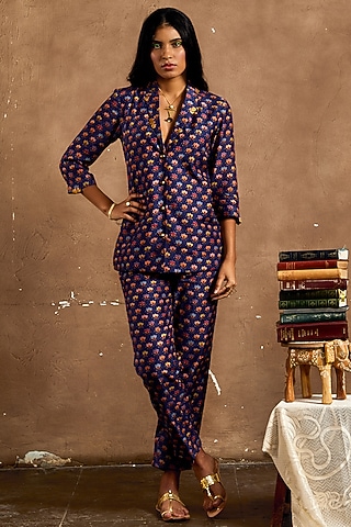 Navy Blue Cotton Silk Printed Blazer Set by Label Kinjal Modi