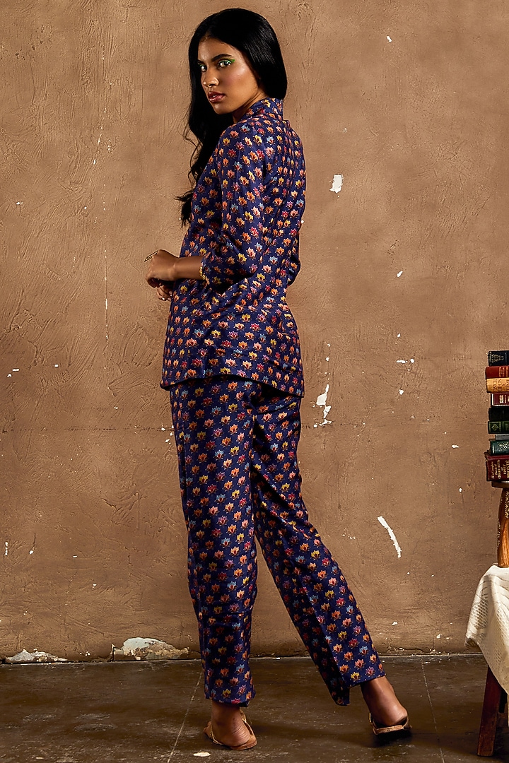 Navy Blue Cotton Silk Printed Blazer Set by Label Kinjal Modi at Pernia's Pop Up Shop