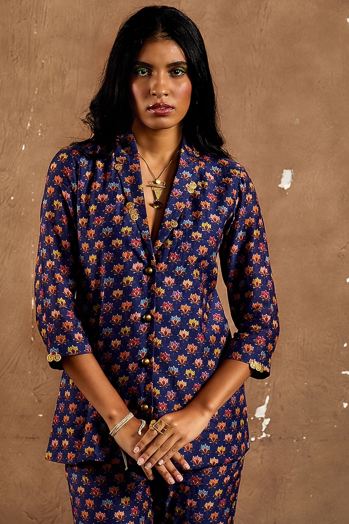 Navy Blue Cotton Silk Printed Blazer Set by Label Kinjal Modi at Pernia's Pop Up Shop
